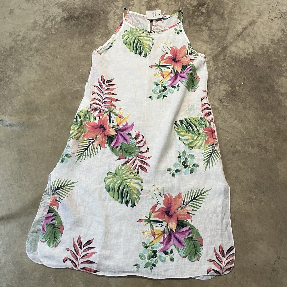 Lungo L'arno Linen Dress Womens Size Medium White Floral Midi Coastal Beachā